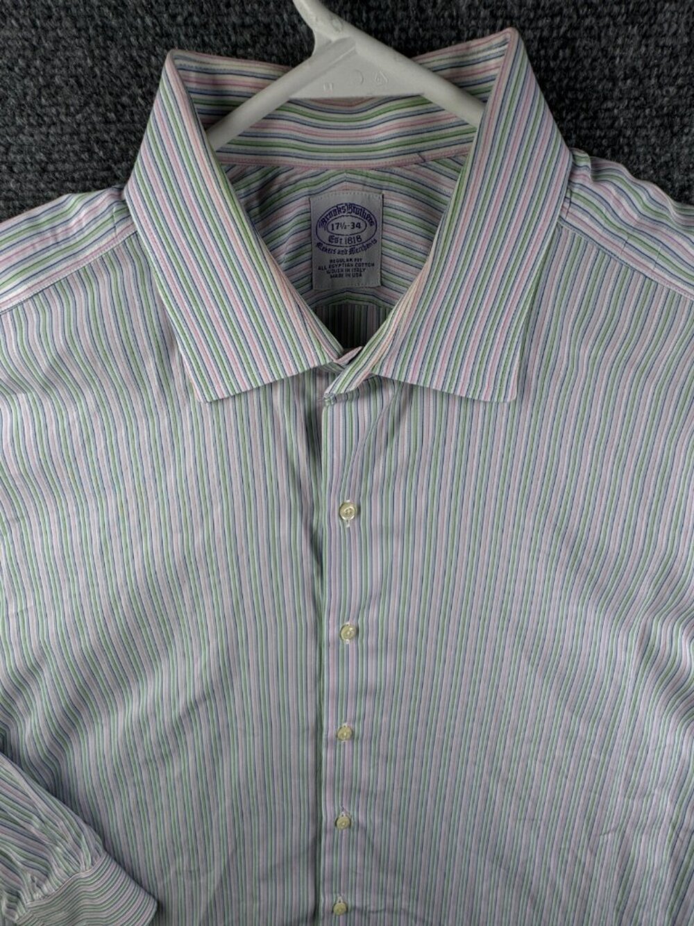 Brooks Brothers Makers Merchants Pink Green Striped 17.5 34 Button Up Cotton USA
